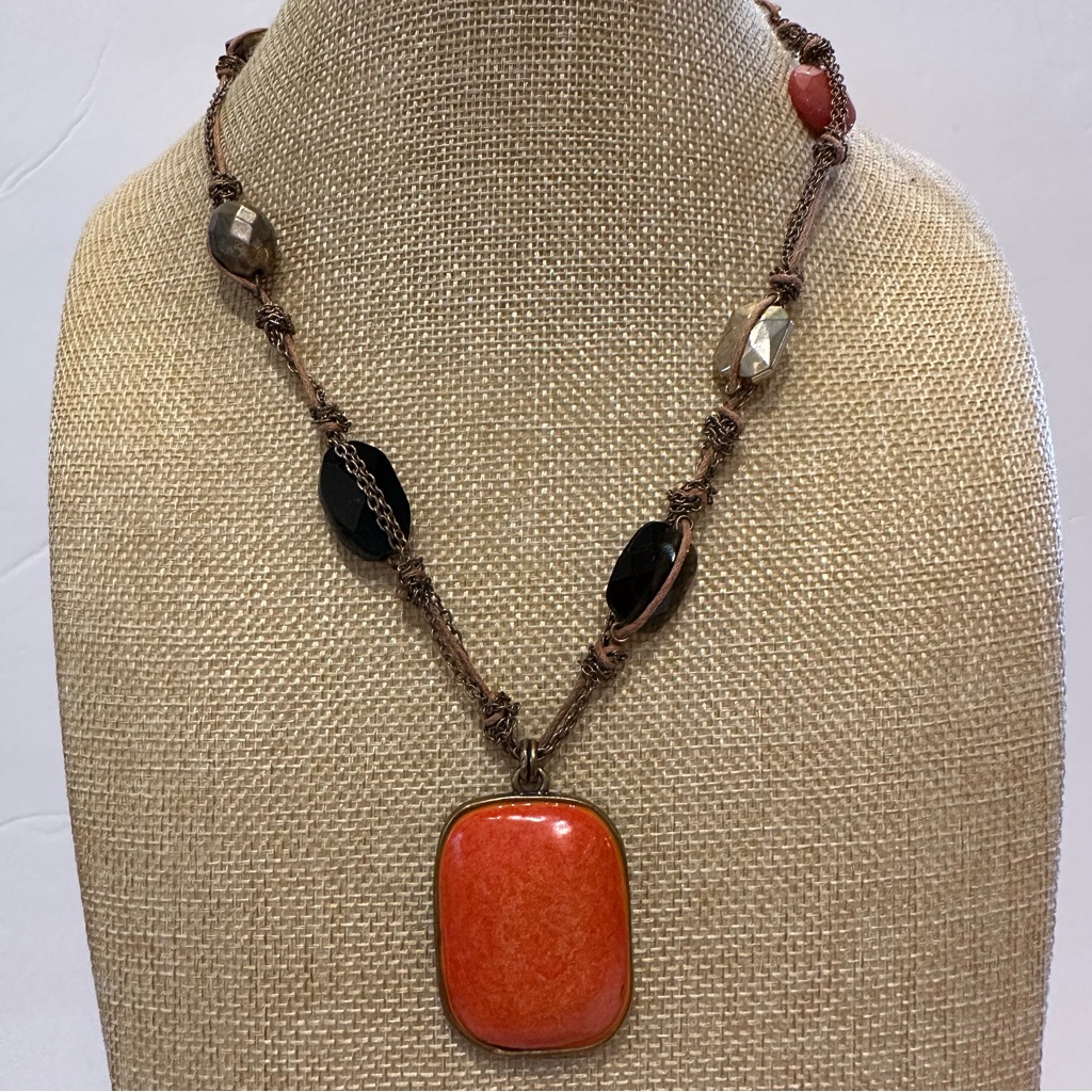 Chicos Necklace Orange Stone Pendant W Antique Gold Brown Cord Beaded Chain 20$